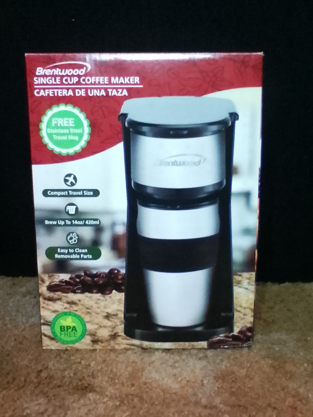 Black & Silver Single Cup Coffee Maker - Portable Travel Brewer With Mug New